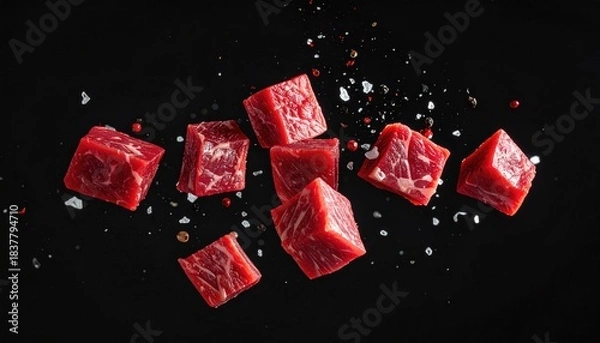Obraz Diced raw beef with salt, dark backdrop