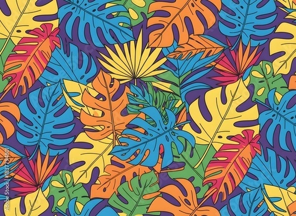 Fototapeta Colorful seamless pattern of diverse tropical leaves in vibrant hues, creating an exotic jungle foliage background. Ideal for textile, wallpaper, or web design projects