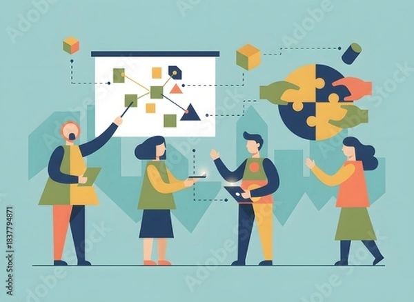 Fototapeta Dynamic Team Collaboration and Strategic Business Planning Illustration, Fostering Innovation, Problem-Solving, and Project Management for Corporate Growth