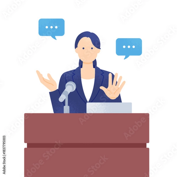 Obraz セミナー、講演会の司会 演説台でプレゼンをするスーツを着た女性のベクターイラスト素材