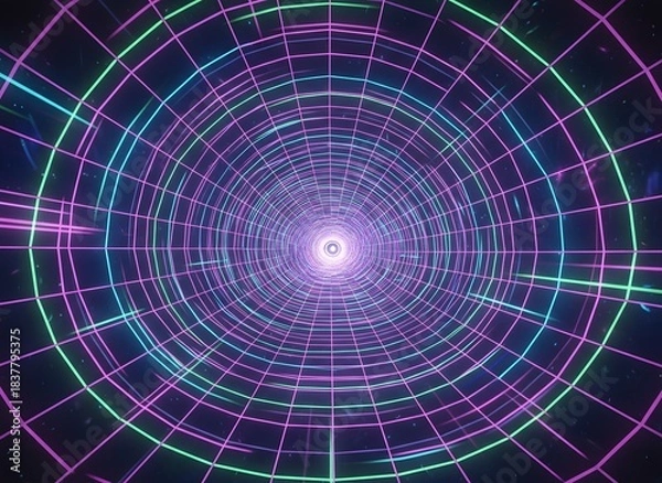 Fototapeta Abstract Neon Grid Tunnel With Glowing Light At The End