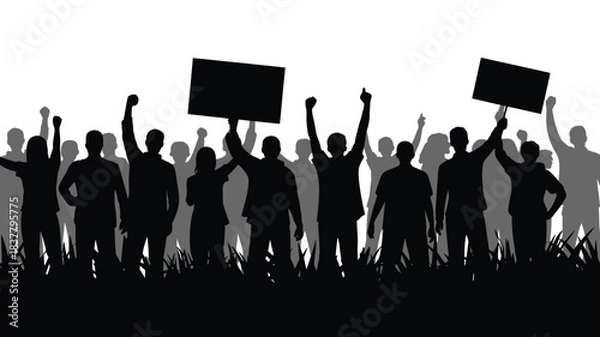 Obraz Silhouetted Crowd Protesting with Raised Fists and Signs Against White Background