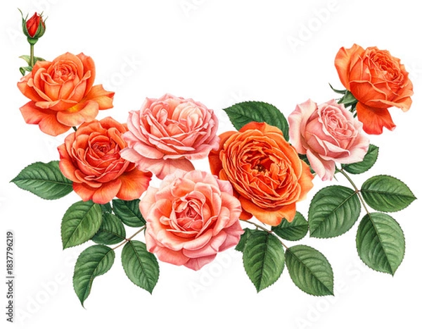 Fototapeta Curved Rose Branch Cluster in Orange and Pink Tones, Organic Flowing Shape, Isolated