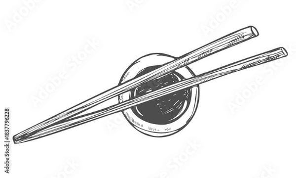 Fototapeta Japanese chopsticks and soy sauce. Asian food element. Doodle sketch style. Vector illustration isolated on white background.