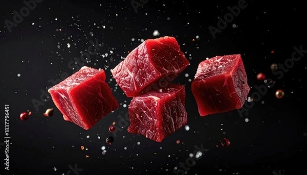 Obraz Cubed raw meat against dark backdrop
