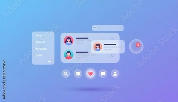 Fototapeta User interface design with profile icons and social media engagement elements on a blue background, showcasing a modern digital experience