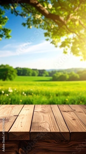 Obraz Wooden table with field background