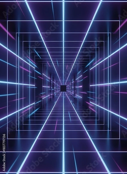 Fototapeta Abstract digital tunnel with glowing neon grid lines and perspective effect