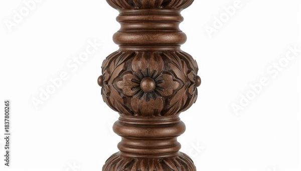 Obraz Detailed floral carved wooden table leg with ornate traditional design isolated on white background for interior decor projects