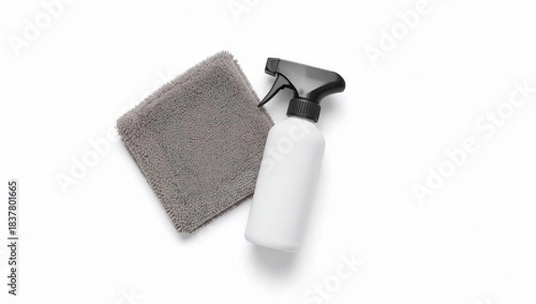 Obraz Minimalist cleaning concept with blank spray bottle and gray microfiber cloth on white background for hygiene and disinfection themes