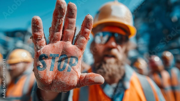 Fototapeta A construction worker signalling stop hand gesture ai generated