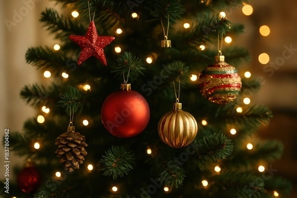 Obraz Christmas Tree with Ornaments and String Lights