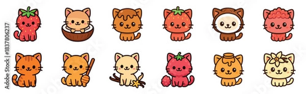Fototapeta Cute cartoon cats featuring various food themes are depicted in a charming, sweet, and playful vector illustration, showcasing delightful fruit, dessert, and condiment designs