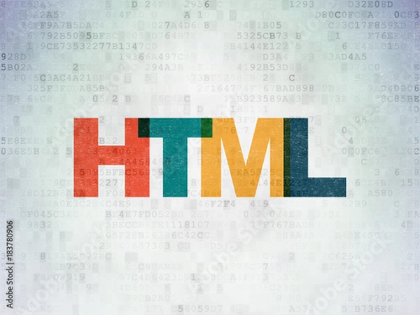 Obraz Koncepcja bazy danych: Malowany wielokolorowy tekst HTML na tle papieru danych cyfrowych