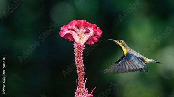 Fototapeta Juvenile purple sunbird male in flight to feed on nectar from flowers. Close up, selective focus.