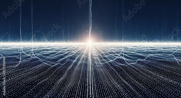 Fototapeta Abstract digital landscape with data streams and glowing horizon  