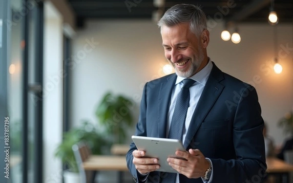 Fototapeta Happy middle aged business man ceo wearing suit standing in office using digital tablet. Smiling mature businessman professional executive manager looking away thinking working on tech device.