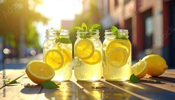 Obraz Refreshing lemonade in mason jars