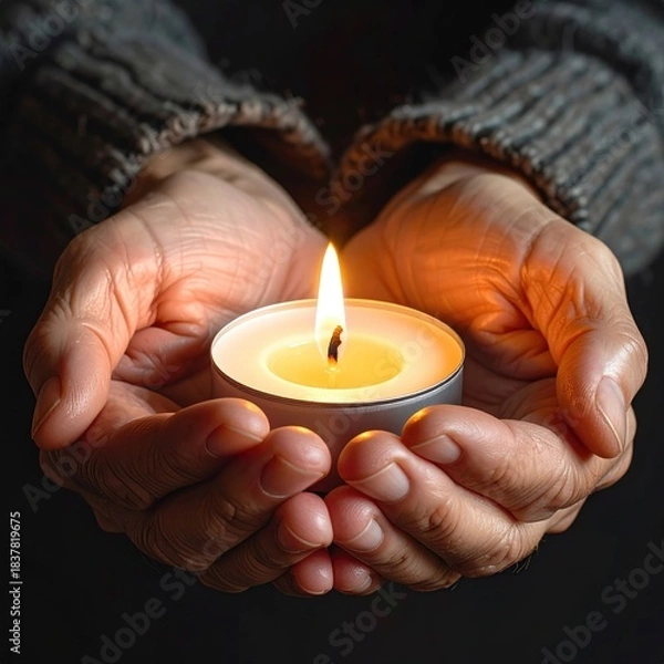 Obraz Hands holding a burning candle