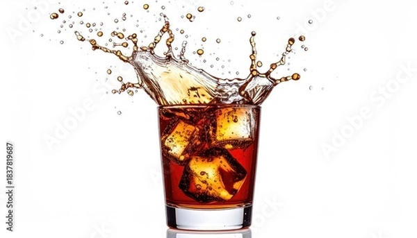 Obraz Drink with splash and ice on white