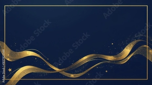 Obraz Minimalist composition of organic flowing gold ink lines on a deep sapphire background, abstract celebration of achievement, high contrast luxury aesthetic, subtle glitter effect. Generative AI