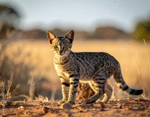 Fototapeta Feline with striped fur stands in sunlit, dry grassland; blurred background