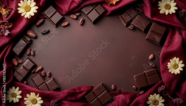 Obraz バレンタイン/高級スイーツの背景：クラフトチョコレートと白いデイジーのフレーム