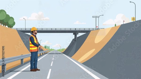 Fototapeta Road Engineer Inspecting Bridge Approach Construction – Modern Vector Illustration