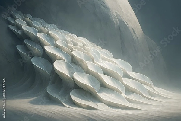 Fototapeta Abstract flowing white organic shapes resembling scales or petals in soft light