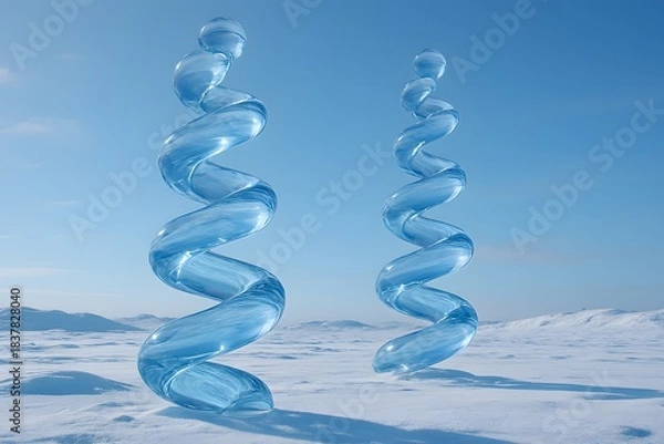 Fototapeta Two abstract ice sculptures twisting upwards against a bright blue sky