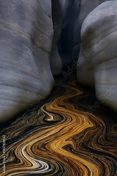 Fototapeta Abstract swirling colors flow between massive grey rock formations