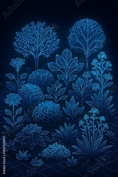 Fototapeta Enchanting deep blue forest at night with illuminated trees and plants