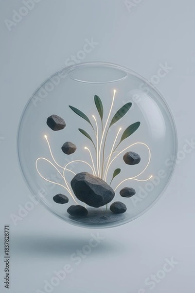 Fototapeta Abstract floral design with dark stones on a clear oval surface