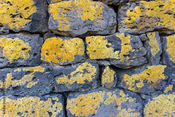 Obraz A wall made of large, dark grey rectangular stones covered with bright orange and brown lichen