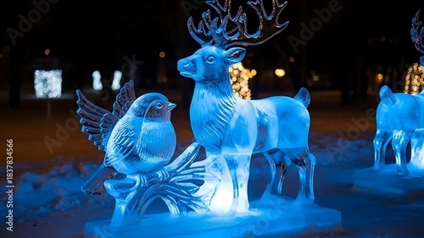 Fototapeta Illuminated Ice Sculptures of a Bird and Deer in a Snowy Park at Night