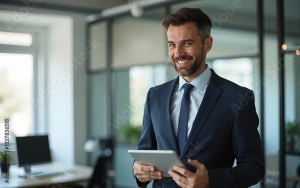 Fototapeta portrait of professional businessman standing in office. Happy middle aged businessman ceo wearing suit standing in office using digital tablet. High quality