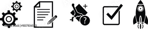 Fototapeta Project development and startup launch icon set. Gear setting, contract document, problem solving, checkmark approval, and rocket ship vector.