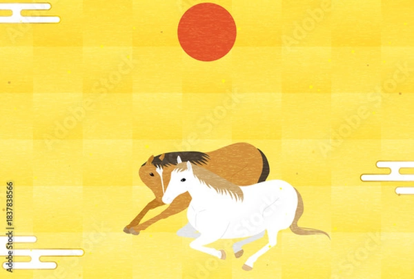 Obraz 2026年午年の年賀状、顔を寄せ合う二頭の馬と初日の出