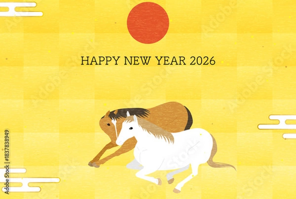 Obraz 2026年午年の年賀状、顔を寄せ合う二頭の馬と初日の出