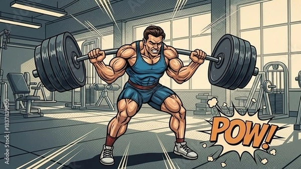 Obraz Muscular Man Lifting Heavy Weights: Comic Book Style 'Pow'