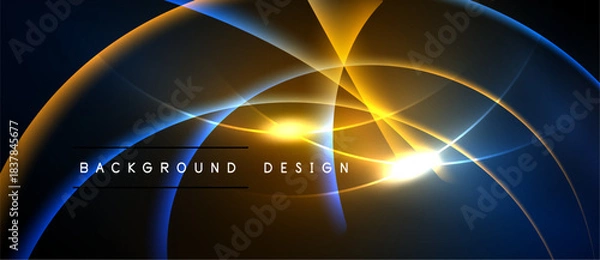 Fototapeta Abstract design features vibrant curves, glowing lines. Dark background emphasizes bright yellow, blue elements. Modern, dynamic composition.