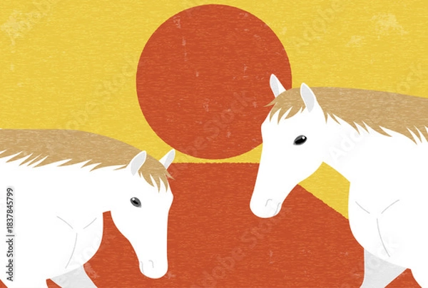 Obraz 2026年午年のレトロな年賀状、富士山と初日の出を背景に挨拶する白馬