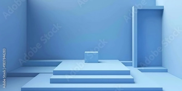 Fototapeta Minimalist Blue Geometric Scene with Podium and Architectural Elements for Product Display