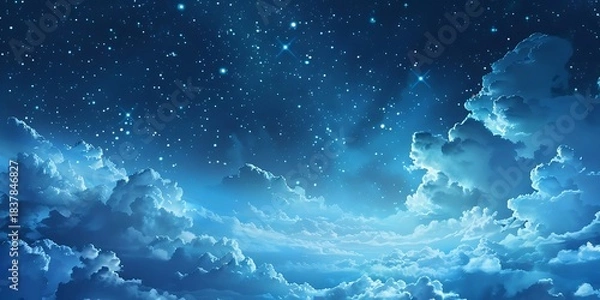 Fototapeta Serene Nightscape with Starry Sky and Ethereal Clouds in Dreamy Blue Tones