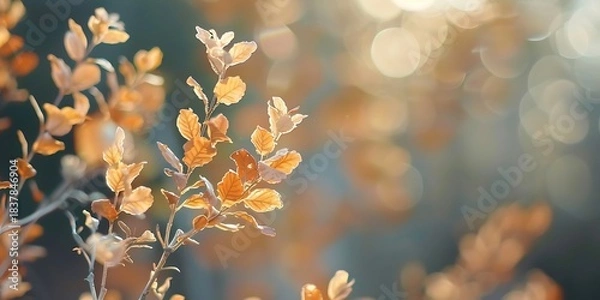 Fototapeta Golden Autumn Leaves Lit by Sunlight Creates a Soft Bokeh Background