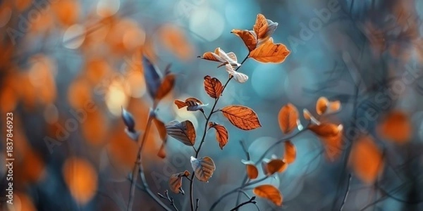 Fototapeta A serene autumnal scene featuring delicate orange leaves against a bokeh background