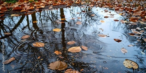 Fototapeta Autumn Leaves in a Puddle with Reflection of Trees and Sky