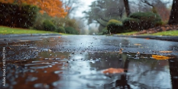 Fototapeta Raindrops falling on a street with autumn leaves and puddles creating reflections