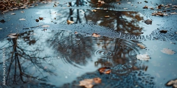 Fototapeta Reflections of trees in a puddle with fallen leaves on wet pavement