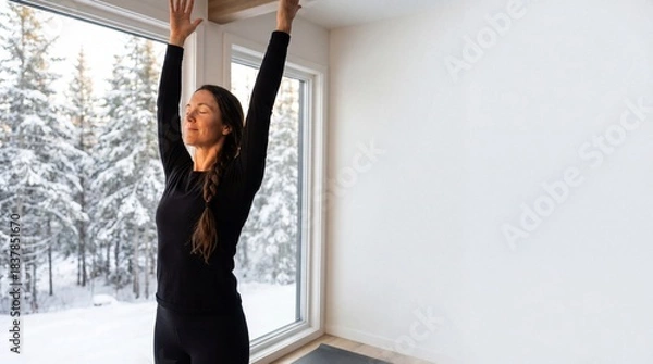 Fototapeta Calm woman in black sportswear practicing yoga with arms raised, stretching at home by a window with a snowy winter forest view.